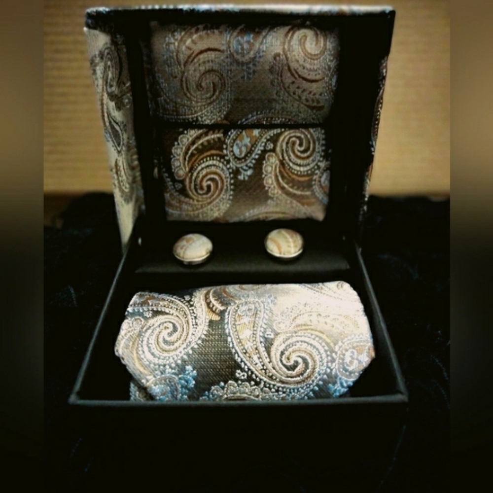 Men's Pastel Golden Brown Tie, Hankie and Cufflink Set